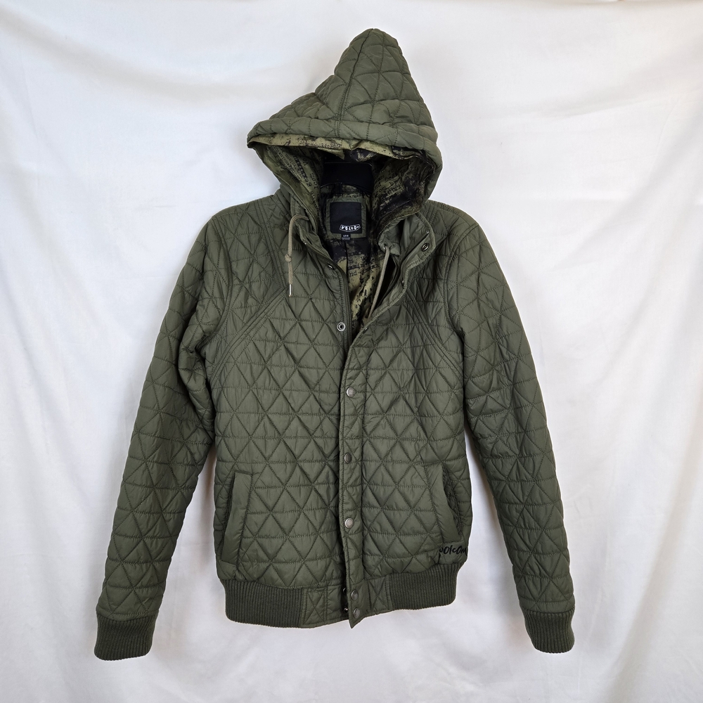 Volcom Women's Olive Quilted Long Sleeve Hooded Insulated Bomber Jacket Small
